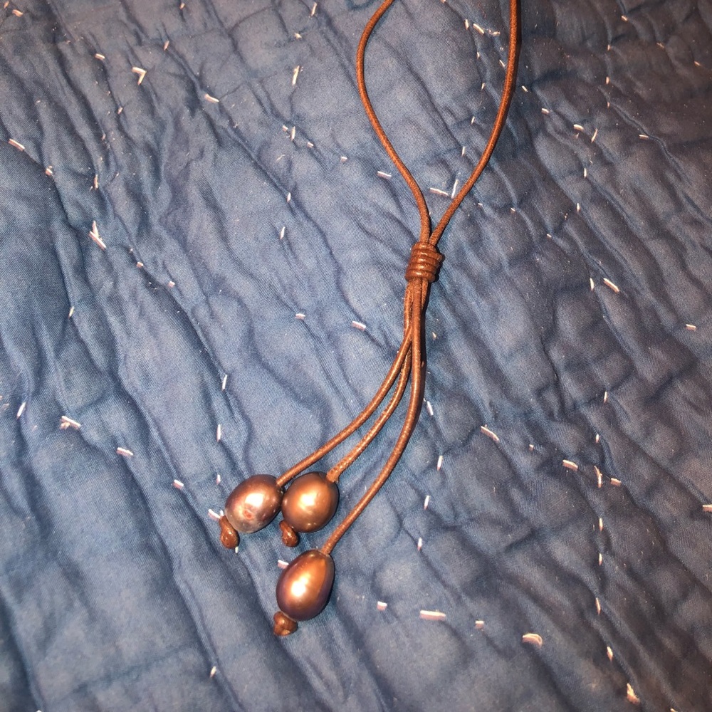 Leather and Brown Pearl Lariat Style Necklace